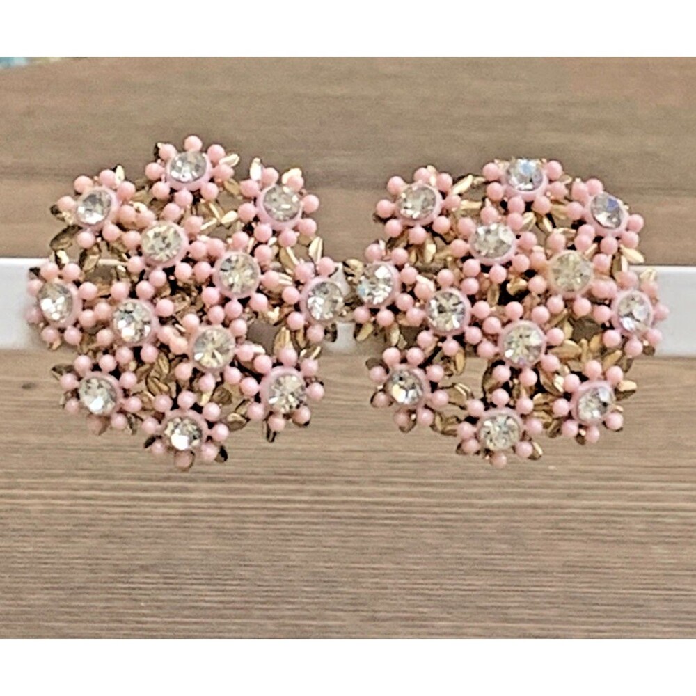 Vintage Pink Cluster Bead Rhinestone Earrings Gold Tone Clip On Floral Coquette